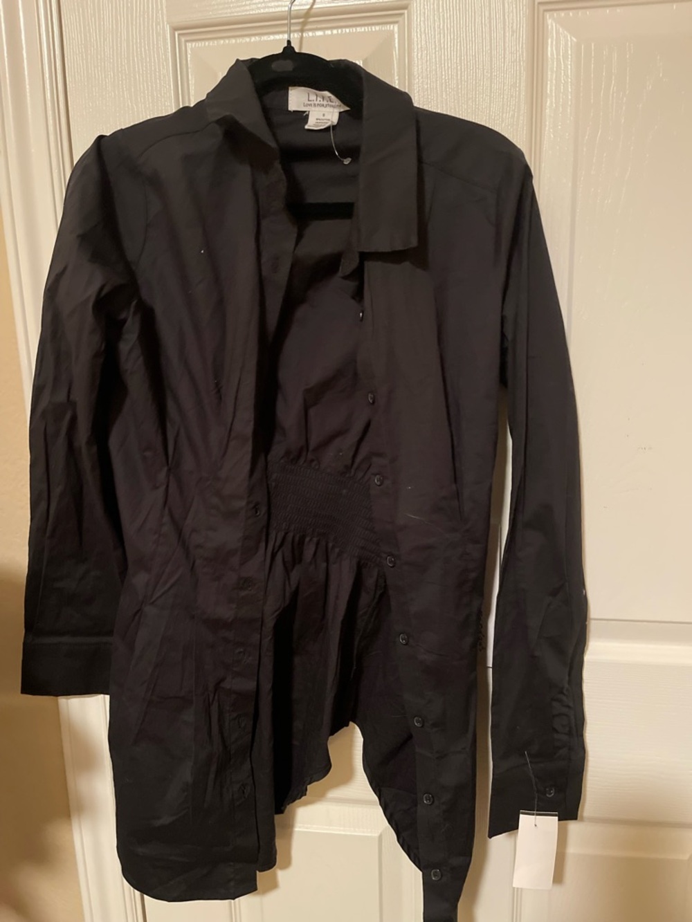Liz Claiborne Black Longline Button-Front Blouse with Smocked Waist